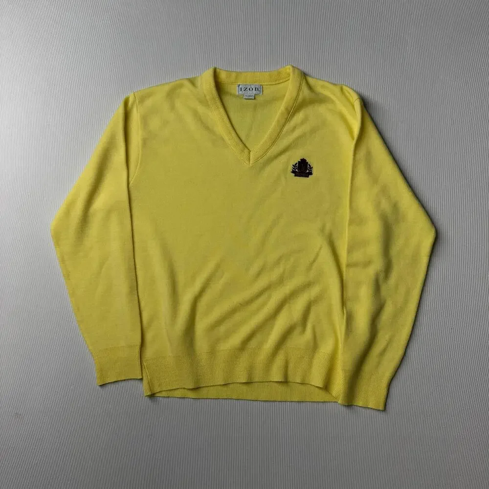 IZOD Sweater Mens M Yellow Acrylic V Neck Embroidered Crest Knit Pullover